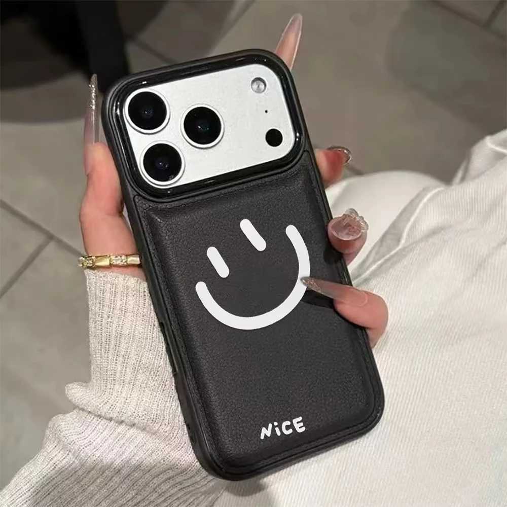 Cute Smiling Face Pattern Faux Leather Grain Phone Case For iPhone Air 17 11 13 12 14 15 16 Pro Max Plus XS X XR Soft Back Cover H251203