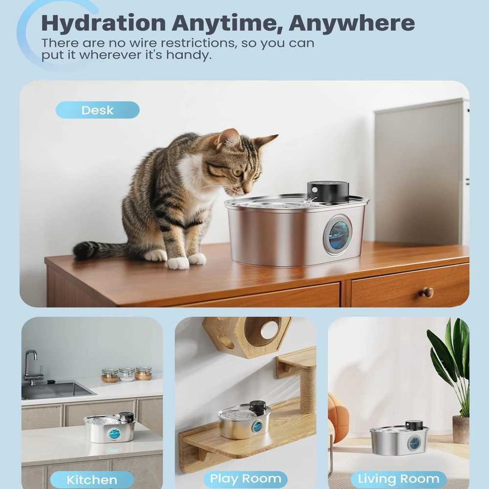 108oz/32L Stainless Steel Wireless Cat and Dog Drinker Rechargeable Automatic Pet Drinker Water Fountain Motion Sensor Bowl M251204