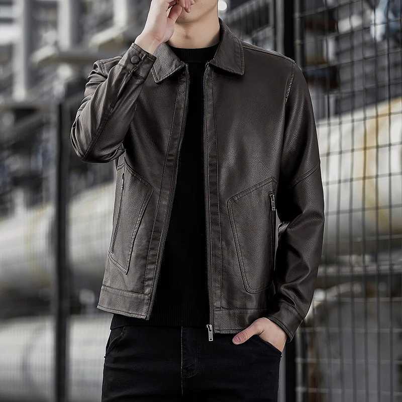 Mens Stand Collar Slim Leather Jacket Mens Fashion Moto Biker Windproof Causal Leather Coat Motorcycle Pu Leather Jacket CoatT251204