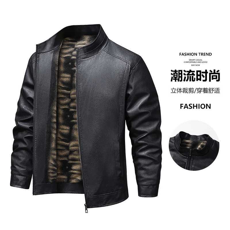 Standing Collar Mens Leather Jacket Brand Fleece Spring New Style Leather Jacket Mens Windproof Casual Motorcycle Warm JacketT251204