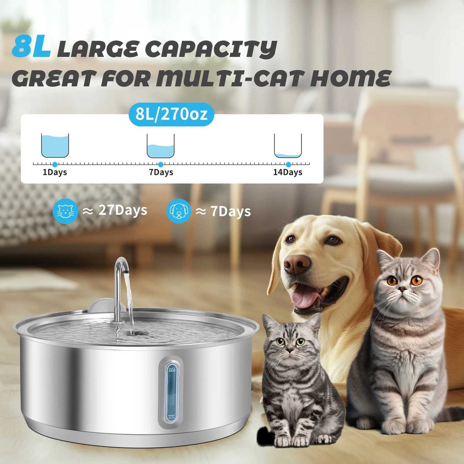 8L Large Capacity Stainless Steel Cat Water FountainPet Water Dispenser With FilterDog Drinking Fountain For Cats M251204 - view 5