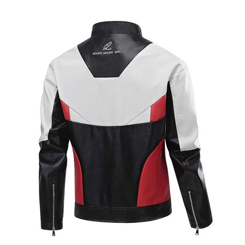 Autumn Man Leather Jacket Motorcycle Punk Contrast Color Patchwork Men Coat Windproof Stand Collar Long Sleeve Male OuterwearT251204