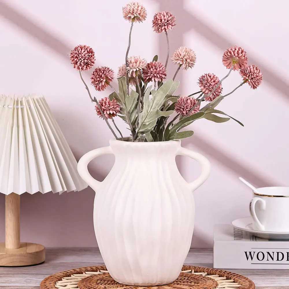 Beige White Ceramic Vase with 2 Handles Modern Farmhouse Ivory Flower Vase for Table Libing Ro He Decor H251204