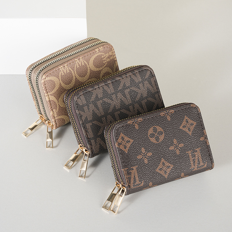 Women's wallet with dual zippers, European and American retro style, compact and compact, with multiple card slots, fashionable card bag, and coi
