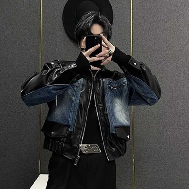 PFHQ Mens Leather Jacket Autumn New Trendy Denim Patchwork Design Versatile Simple Long Sleeve Lapel Zipper Men Coats 21E7531T251204