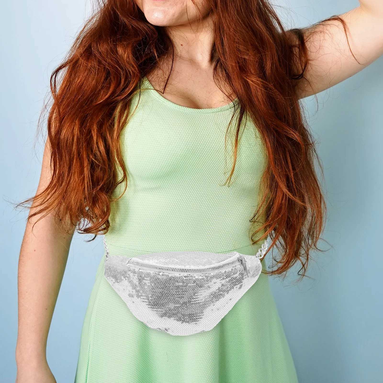 Sequin Waist Bag Waterproof Phone Pouch Silver Multifunctional Fanny Pack Stylish Chest Bag for Women Running Travel HikingT251204