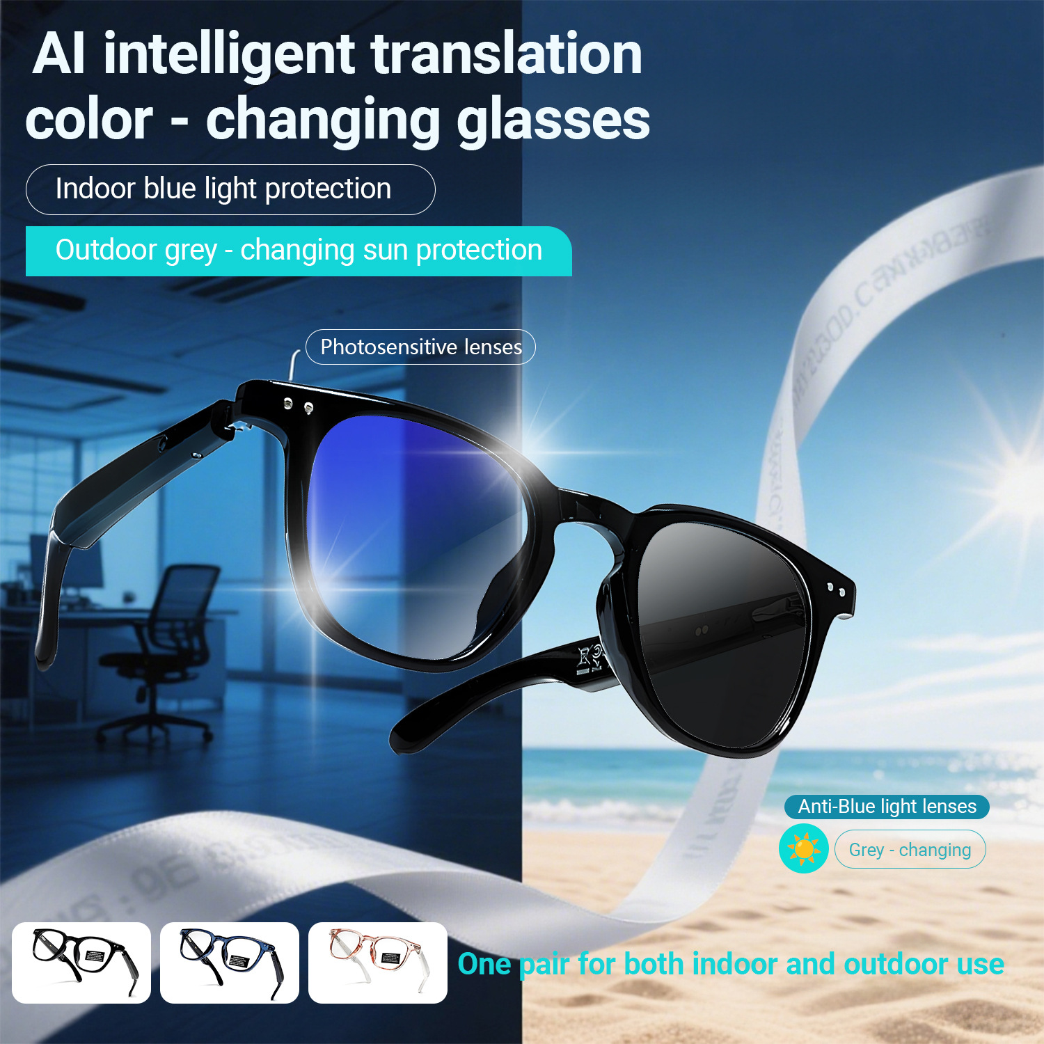 New Fashionable Smart Color-Changing Bluetooth Glasses Personalized AI Translation, Music Streaming, Call Functionality Blue Light Protection Unisex G
