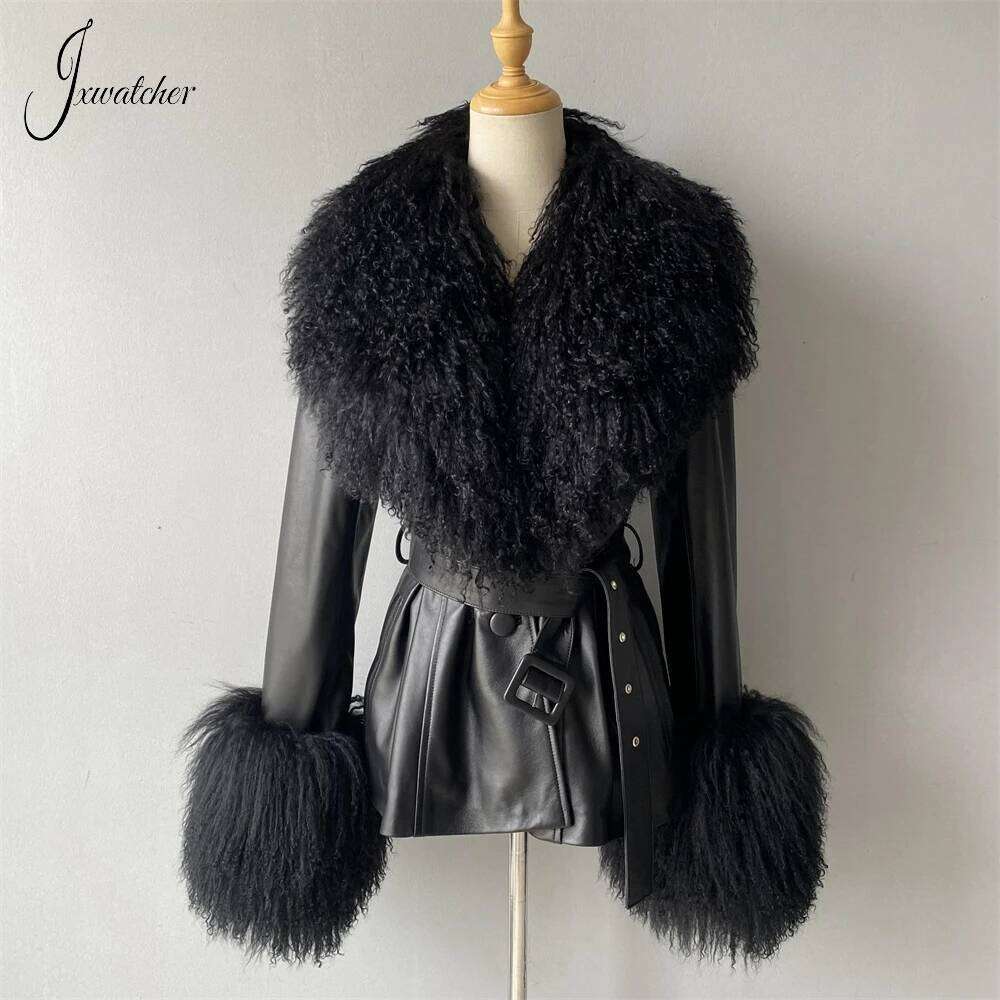 Jxwatcher Genuine Leather Jacket for Women Mongolian Fur Collar Cuffs Ladies Real Sheepskin Coat with Belt Spring Outerwear