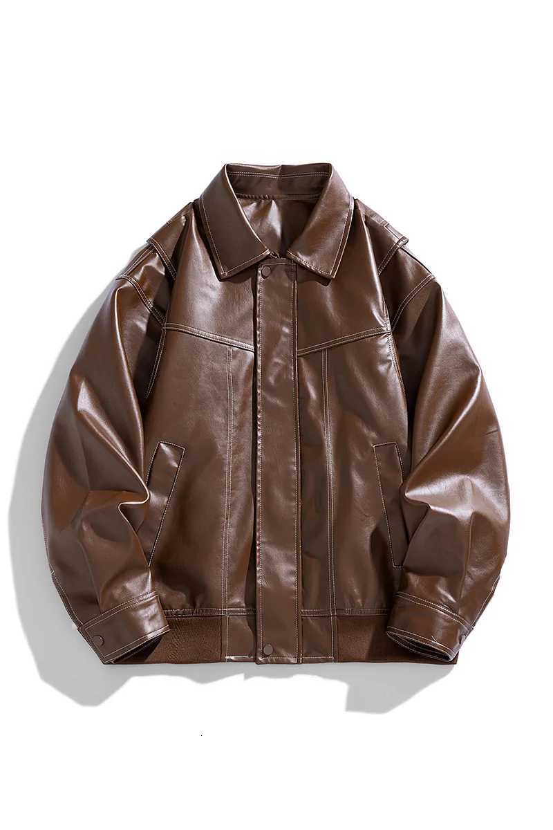 American Retro PU Leather Red Mens Jacket Lapel Collar Casual Loose Fitting Fashion Leather Jackets Couple Street Harajuku CoatT251204