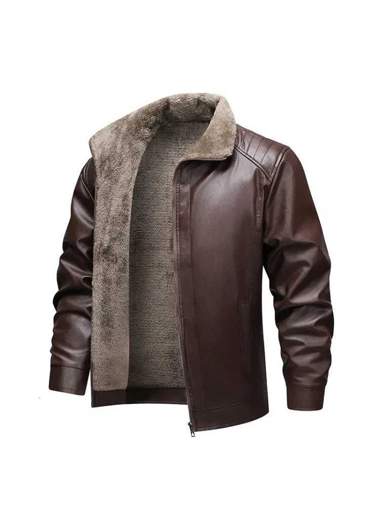 Autumn Winter Men Leather Jacket Business Casual Male Outerwear Vintage Thicken Fleece Turn Down Collar Male Coat Long SleeveT251204