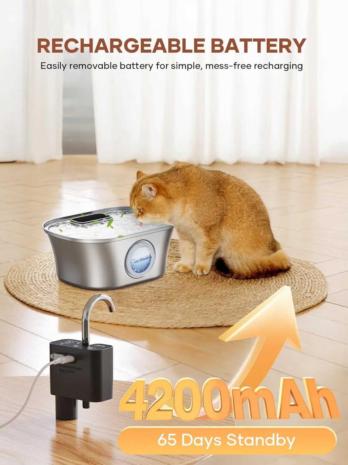 32L/108oz Wireless Charging Sensor Cat Water Feeder Stainless Steel Cat Dog Water Fountain Silent Water Level Window No Plug M251204