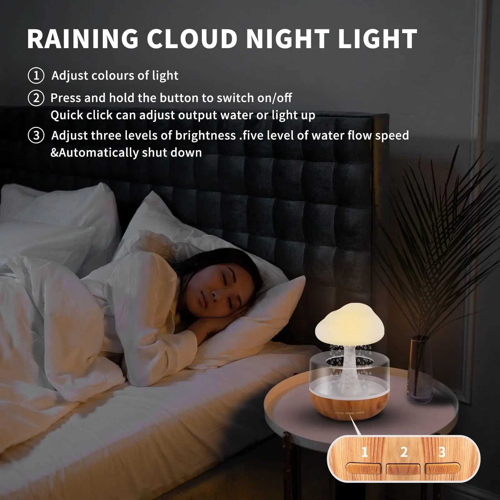 Rechargeable Cloud Rain Humidifier for bedro with Soothing Rain Sounds He Essential Oil Diffuser with 7 LED Light C251204