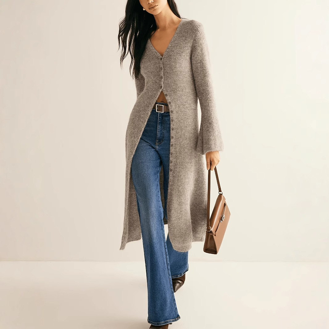 French Long Knit Cardigan Women High-end Mohair Sweater Jacket Fashion Runway V-neck Wool Knitwears Autumn Winter F569 241112