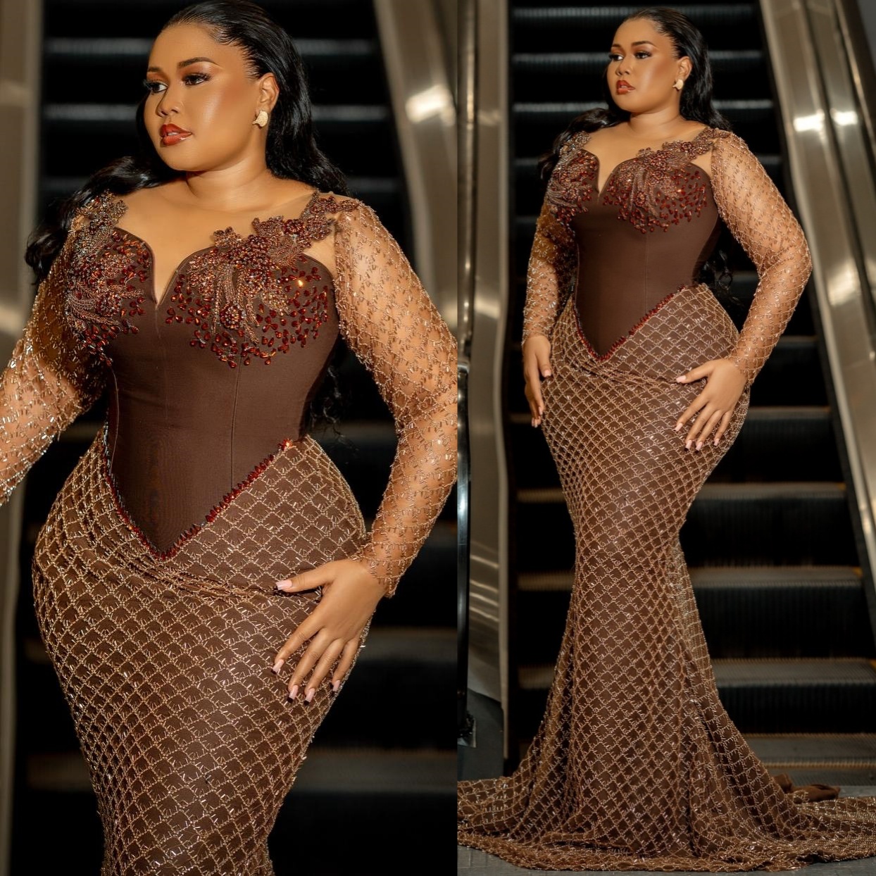 Aso Ebi Chocolate Mermaid Prom Dresses 2026 Sheer Neck Crystals Sparkly Evening Formal Party Second Birthday Engagement Gowns Plus Size Dress For Spec