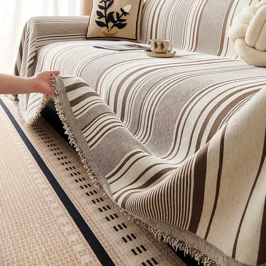 1PC Chenille Sofa Towel All-cover Coffee Striped Pattern Sofa Throw Blanket With Tassels Couch Protector Double Face Usable M251204 - view 5