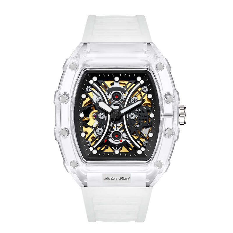 Fashion Barrel-Shaped Silicone Transparent Hollow Automatic Mechanical Watch for Men