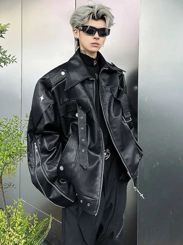 Hip Hop PU Leather Jacket High Street Niche Deconstruction Leather Coat Men Autumn Loose Handsome Casual Motorcycle Suit JacketT251204