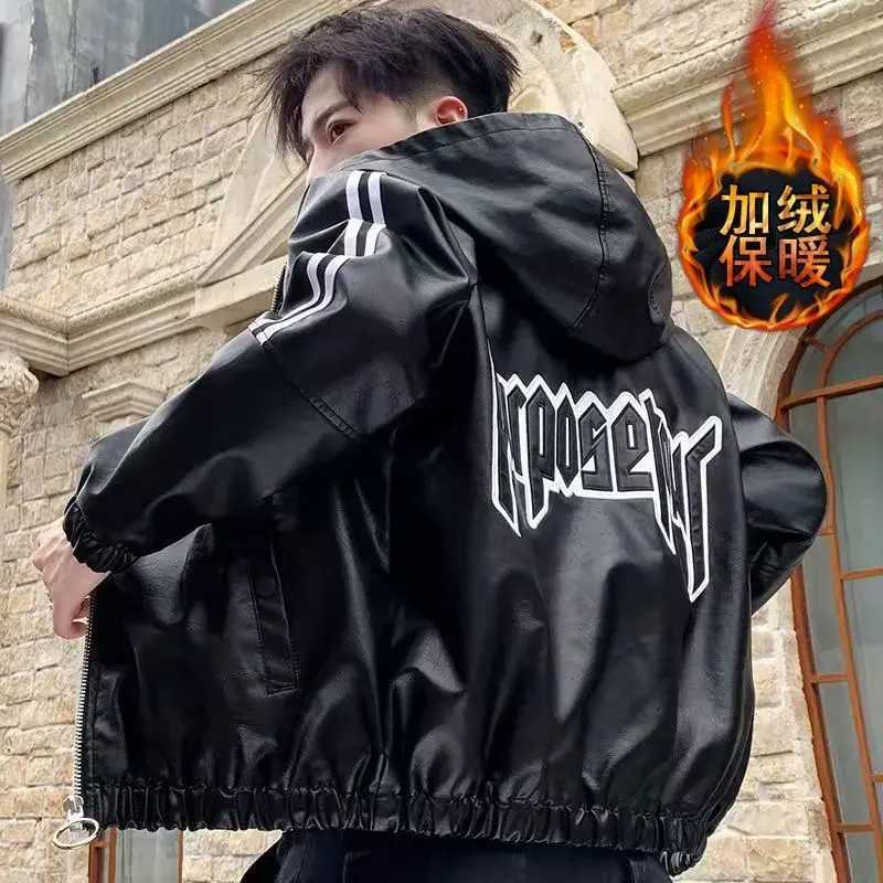 Fashionable Leather Jacket Autumn Winter New Coat Korean Style 2025 Top Trendy Printed Lapel Plus Velvet Motorcycle ClothesT251204