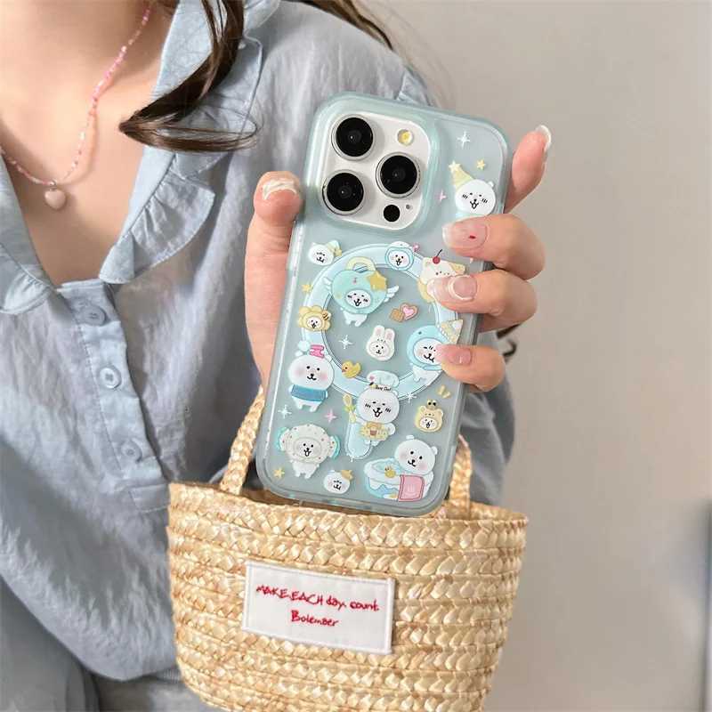 Kawaii Cartoon Bear Stand Holder Magnetic Phone Case For iPhone 16 Pro 15 14 13 Pro Max Back Cover Cute Cases for Funda H251203