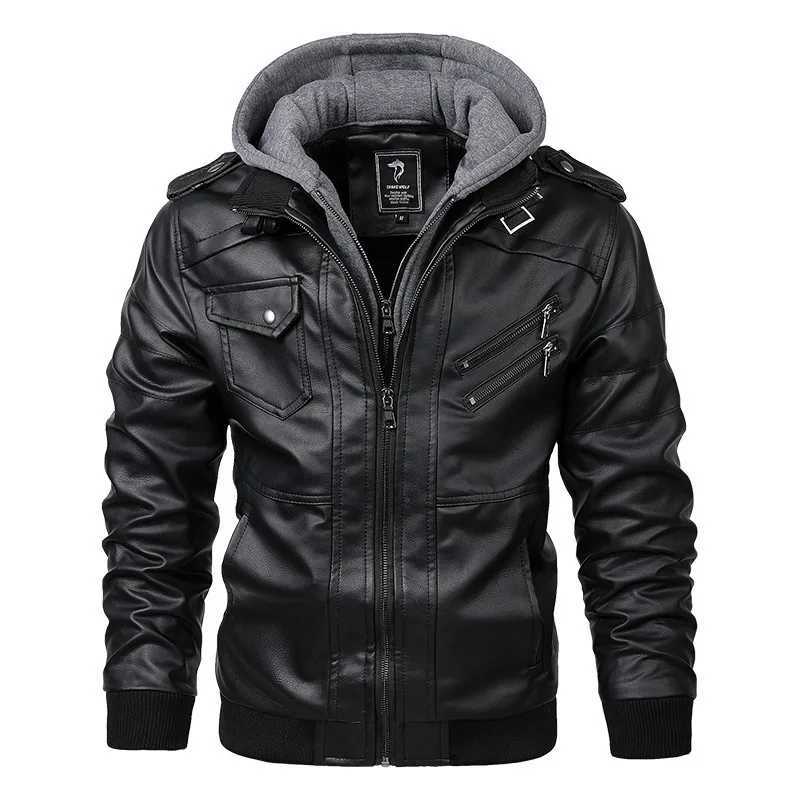 Autumn Mens Motorcycle Leather Jacket PU Fashion Slim-fit Removable Knitted Hat Leather Jacket MensT251204