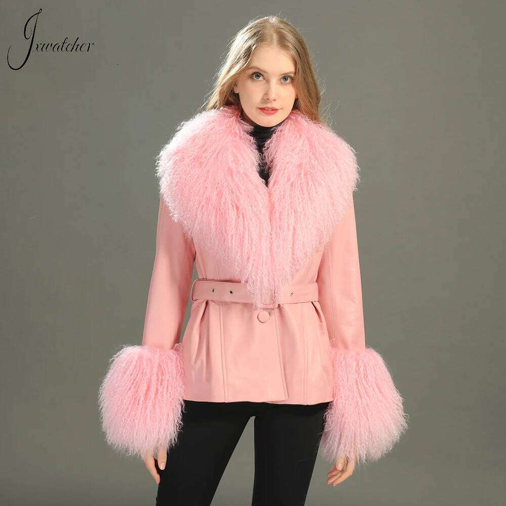 Jxwatcher Genuine Leather Jacket for Women Mongolian Fur Collar Cuffs Ladies Real Sheepskin Coat with Belt Spring Outerwear