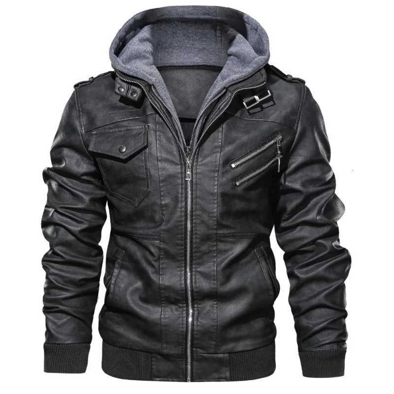 Fake Two Piece Leather Jacket Mens Double Zipper Hooded Bike Leather Jacket Removable With Hat JacketT251204