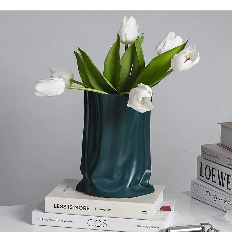 Ceramic Vase Fold Cloth Bag Flowerpot Silver Flower Arranger Floral Accessories Hydroponics He Decoration H251204