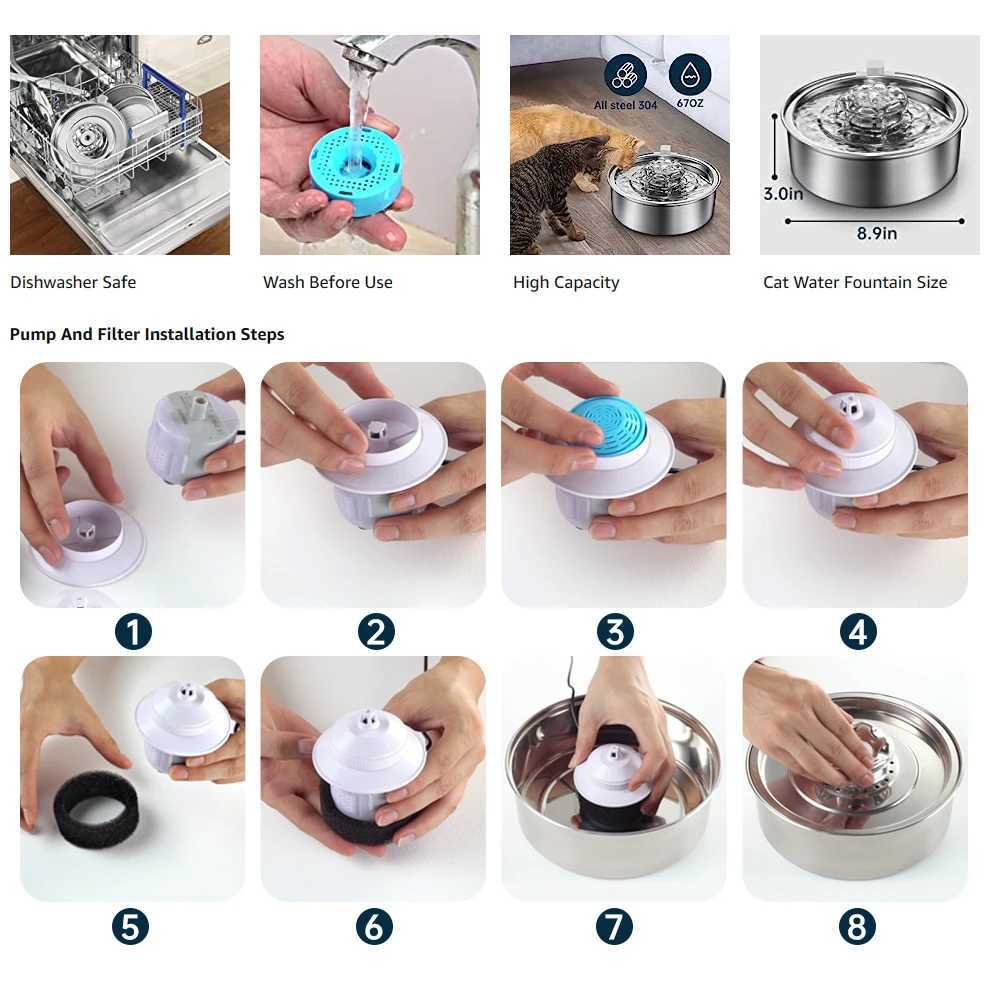 Cat Water Fountain 304 Stainless Steel 20L Automatic Circulating Pet Water Fountain Ultra-Quiet Pump with LED Light Cat Fountai M251204 - view 7