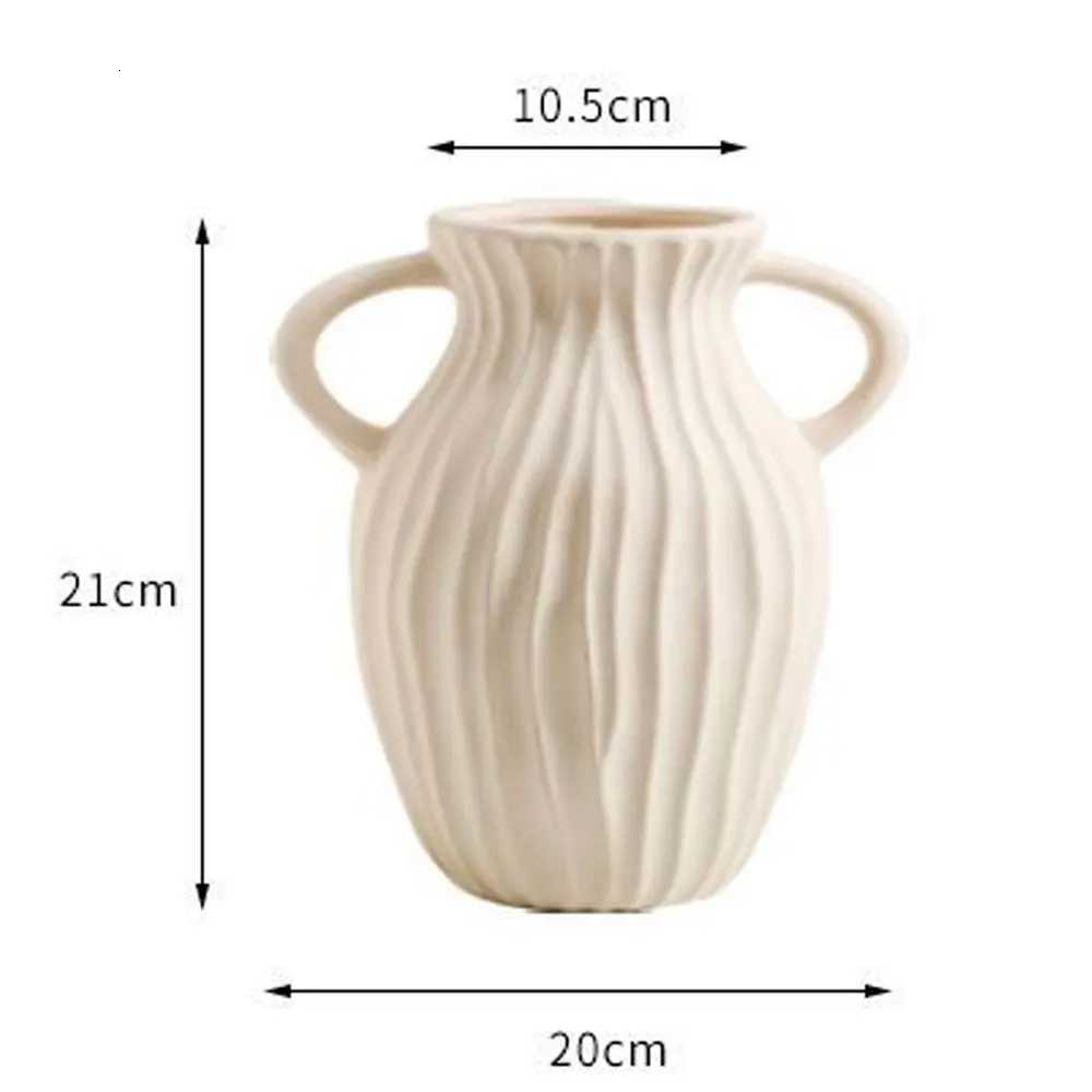 Beige White Ceramic Vase with 2 Handles Modern Farmhouse Ivory Flower Vase for Table Libing Ro He Decor H251204