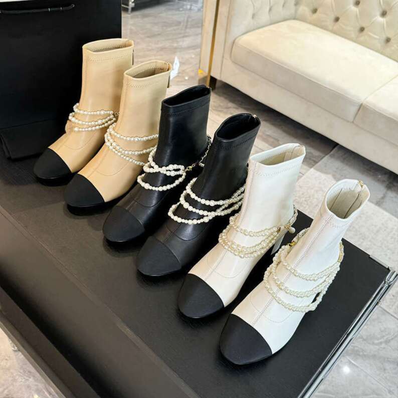 fashion boots luxury Ankle Boots designer shoe Woman Cap Toe Pearl Chain Strap Two Tone Sheepskin Leather Chunky Heels Side Zipper Comfortable half Mid-Calf booties