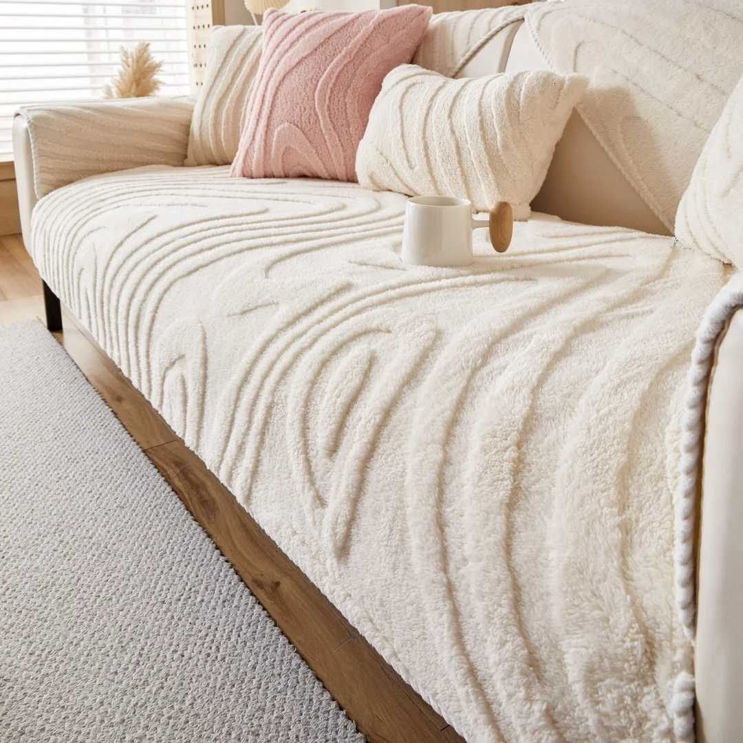 Warm Tuffed Fleece Curving Lines Jacquard Sofa Cover with Anti-Slip Backing for Living Room Couch Slipcovers Fall/Winter Decor M251204 - view 5