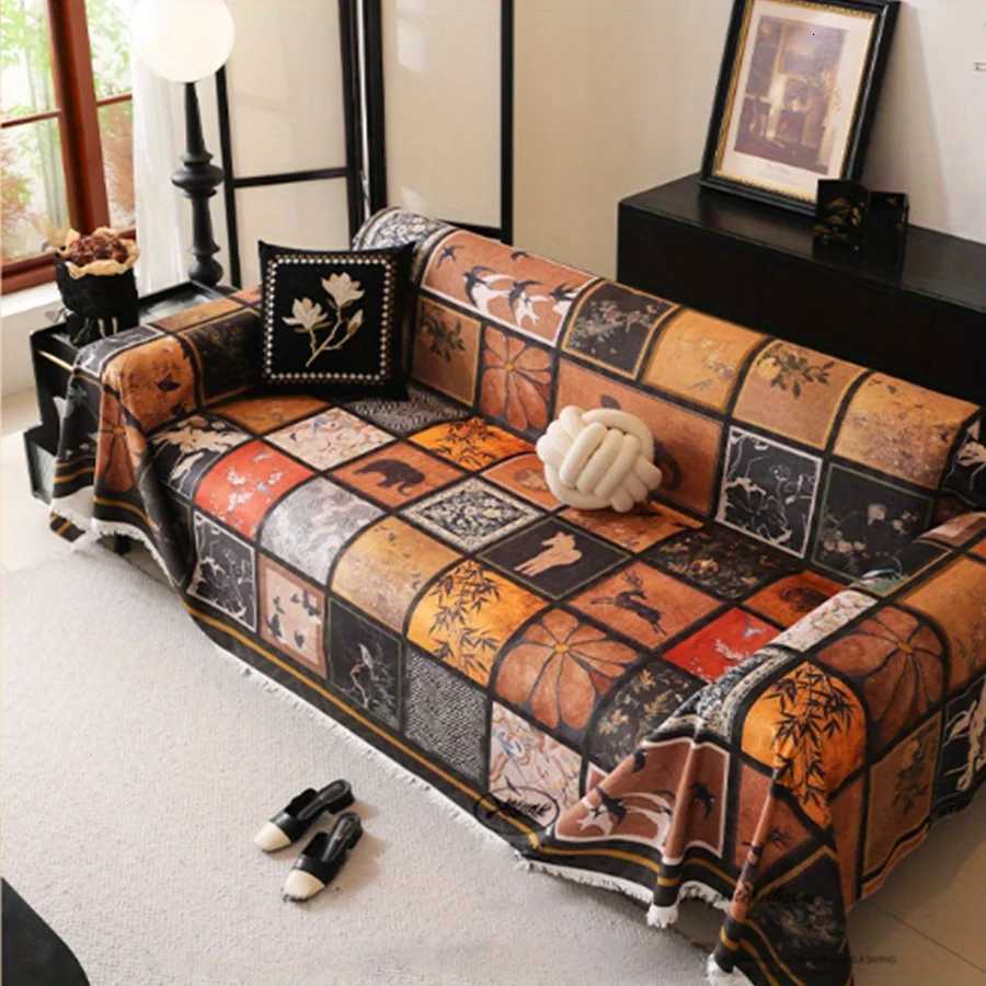1pc Old Money Style Chenille Sofa Towel Retro Painted Grid Print Sofa Throw Blanket with Tassels All-cover Couch Protector M251204 - view 4