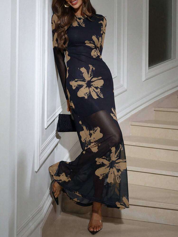 Dress for Women Designer Luxury Spring 2026 Slim Fit Spring Fashion Sand Color Pattern Elegant Floral Print Long Women's Dress