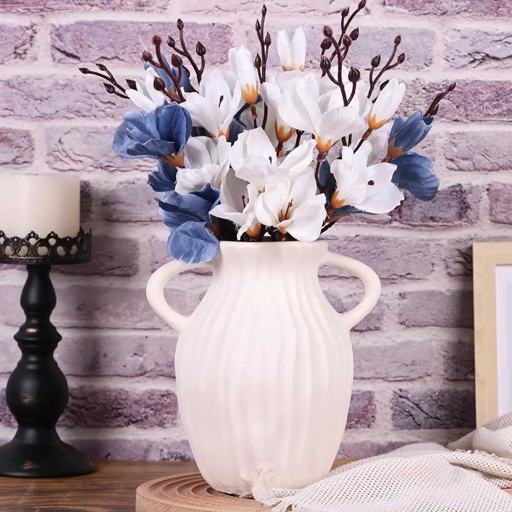 Beige White Ceramic Vase with 2 Handles Modern Farmhouse Ivory Flower Vase for Table Libing Ro He Decor H251204