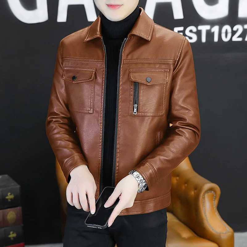 Men Outerwear Leather Moto Jacket Slim Fit Male High Quality PU Leather Coat for Men Lapel Leather Jacket Large Chest PocketT251204