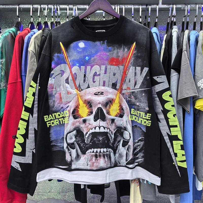 Men's Hoodies Real Pictures High Quality Roughplay T Shirt All-match Men Women Hip-hop Streetwear Long Sleeve Tee Heavy-duty Holey Fake Double Pi