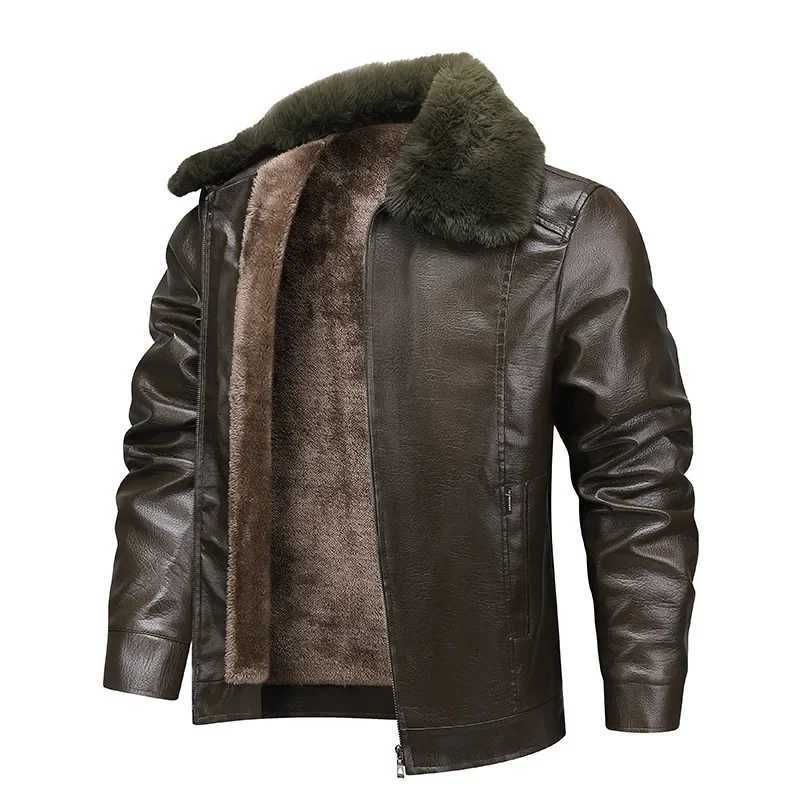 Thickened Fleece Warm Mens Leather Jacket Fur Collar Waterproof Windproof Coat Business Collar Winter OuterwearT251204