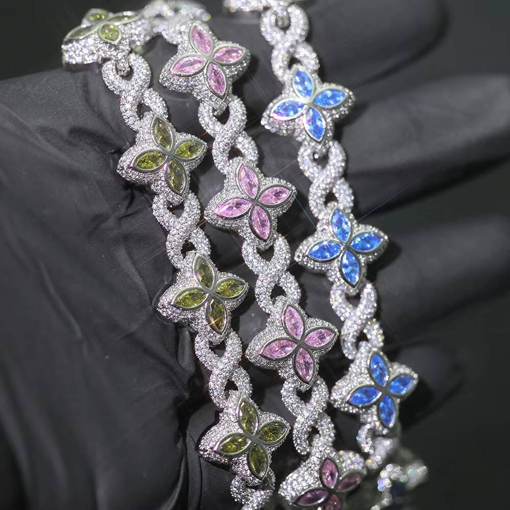 Luxury 925 Sterling Silver Versatile Hip Hop Link Chain Necklace Colored Moissanite Cuban Clover Flower Pattern Unisex