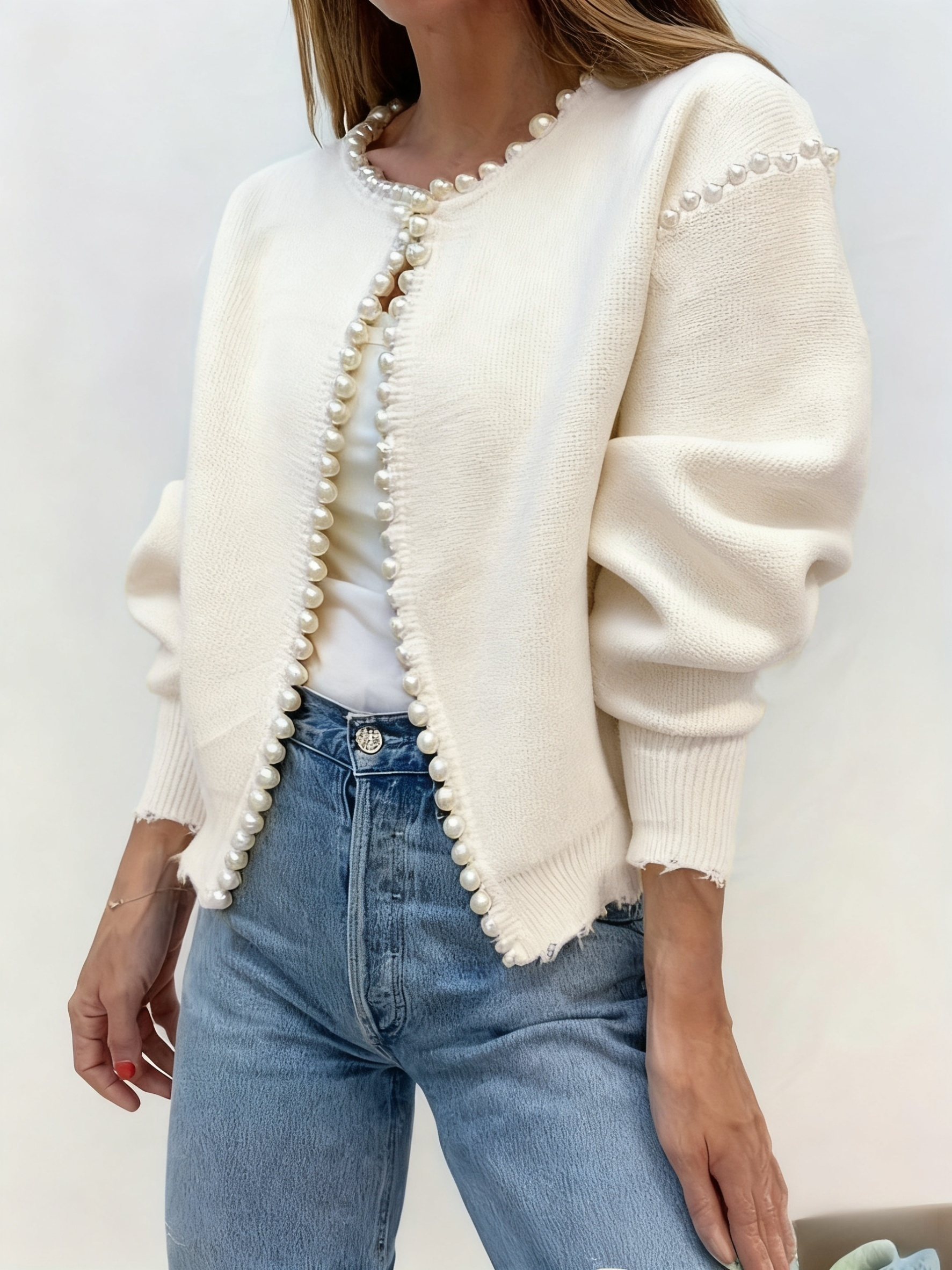 Women's Elegant Pearl-Decorated Cardigan Coat: Soft Knit Fabric, Pearl-Trimmed Design, Stylish Casual Outerwear Perfect for Daily & Chic Outfits 