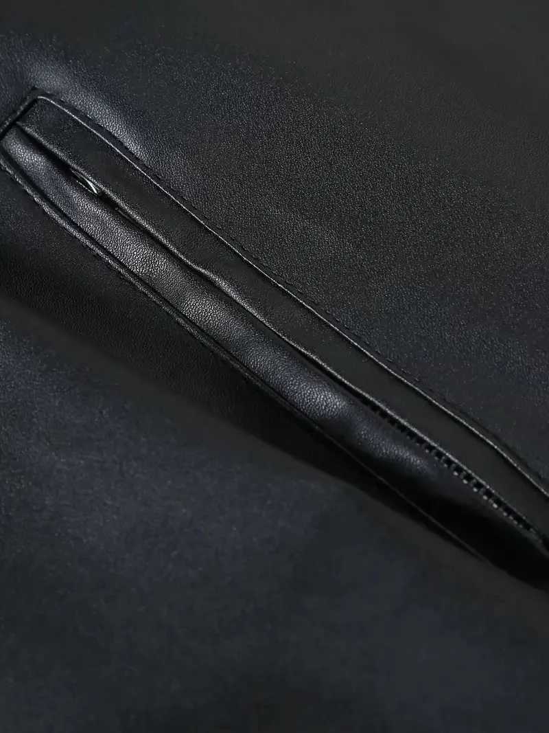 Black Color Mens Stand Up Collar Slim Fit Pu Leather Jacket with Chain Pockets Motorcycle Streetwear Mens ClothesT251204