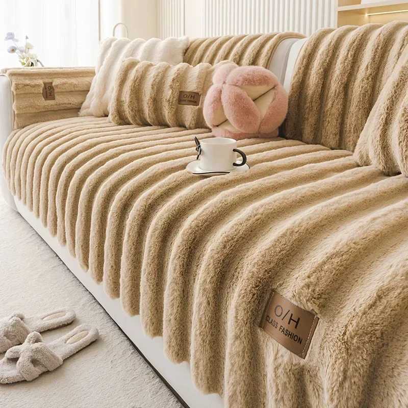 Stripe Thicken Rabbit Plush Sofa Cover Non-Slip Couch Cushion Towel for Living Room Sofa Blanket Home Decor Slip Covers M251204 - view 5