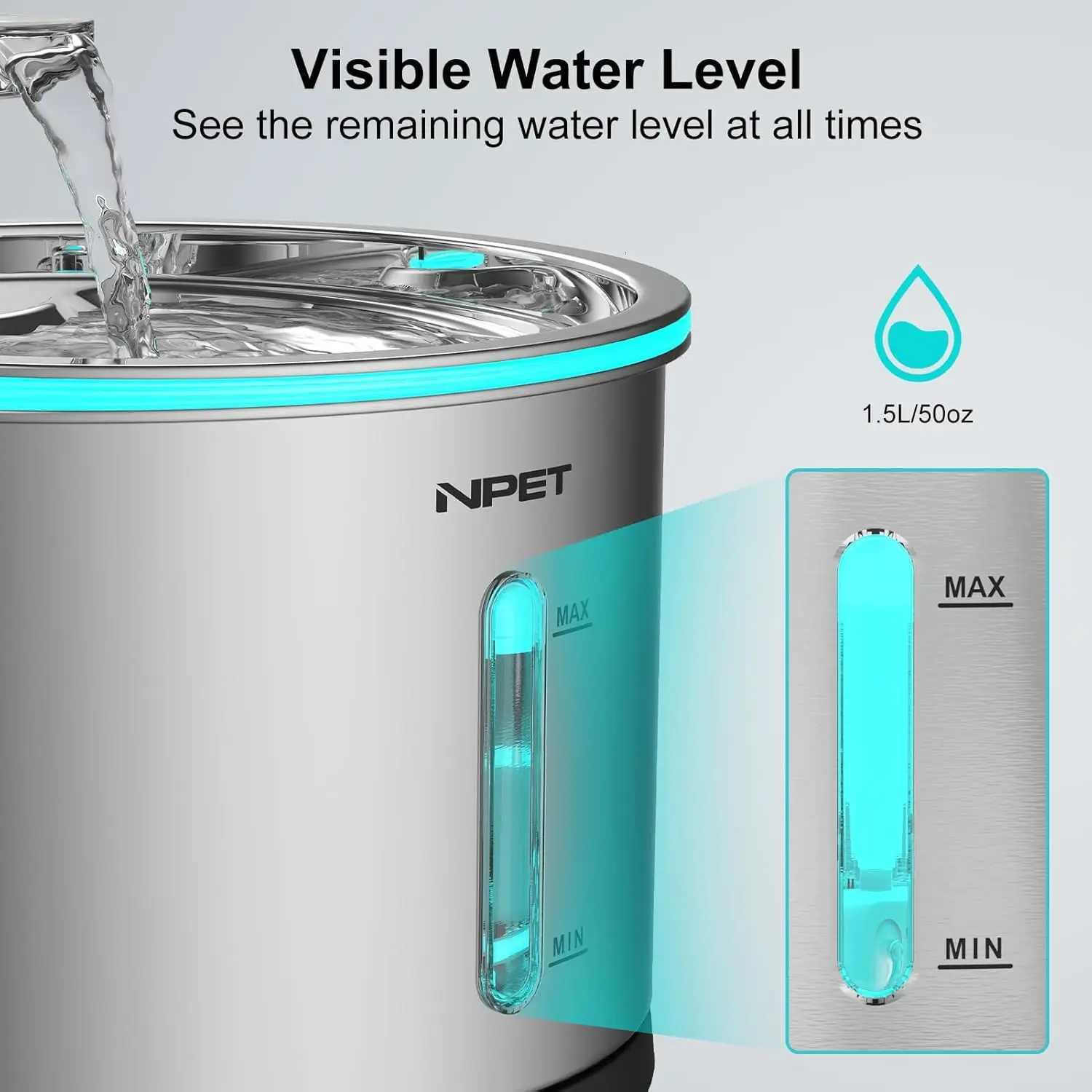 NPET Cat Water Fountain Stainless Steel 50oz/15L Dishwasher Safe Pet Water Fountain with Visible Window Light for Cats M251204