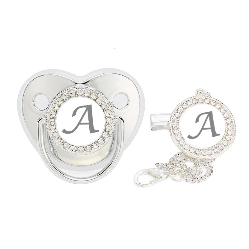 26 Letters silver Point Drill Pacifier Baby silver Letter Soothing Toy with Dust Cover