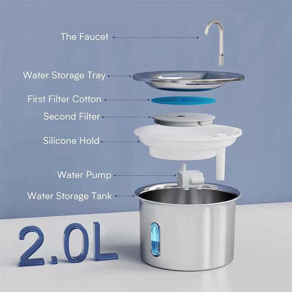 Stainless Steel Pet Water Dispenser With Window 2L Silent Automatic Cat And Dog Water Dispenser To Increase Water Intake M251204