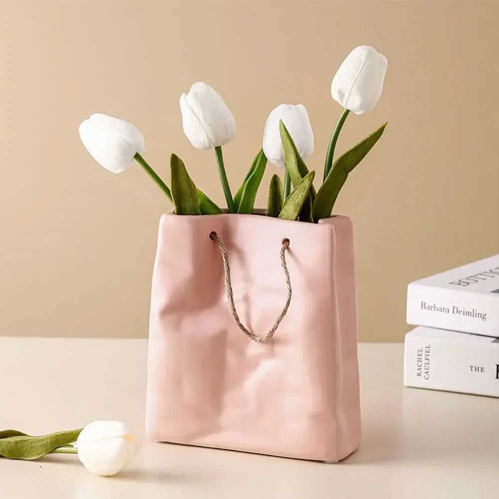 Ceramic Vase Nordic Creative Shopping Bag Design Handbag Dried Flower Arrangement Simple Living Ro Simation Decoration H251204