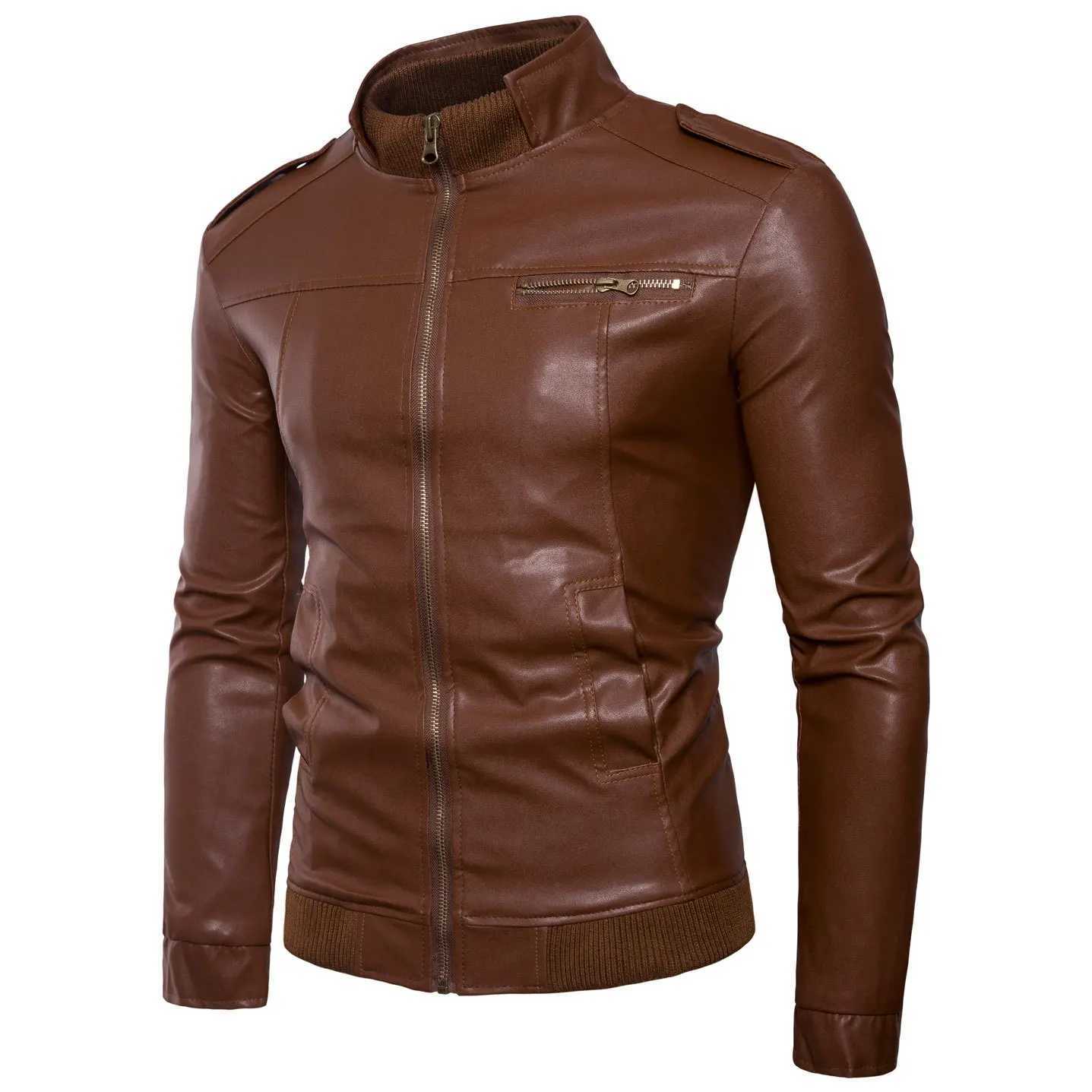 Fashion Mens Solid Color Leather Jacket High-quality PU Leather Stand-collar Slim CoatsT251204