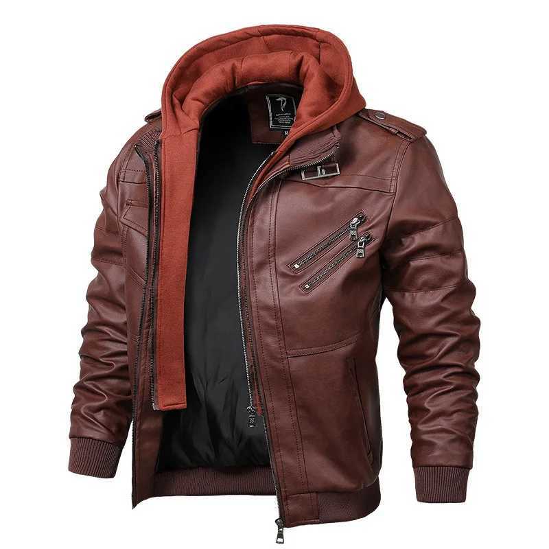 Autumn Mens Motorcycle Leather Jacket PU Fashion Slim-fit Removable Knitted Hat Leather Jacket MensT251204