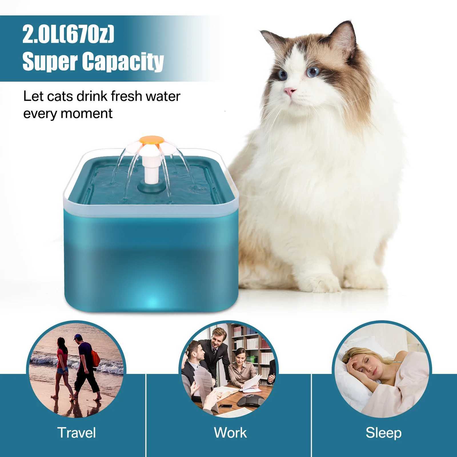 67oz/2L Ultra Silent Pet Fountain with LED LightingActivated Carbon Auto Filter Water Dispenser Mute Drinker for Cats Small Dog M251204