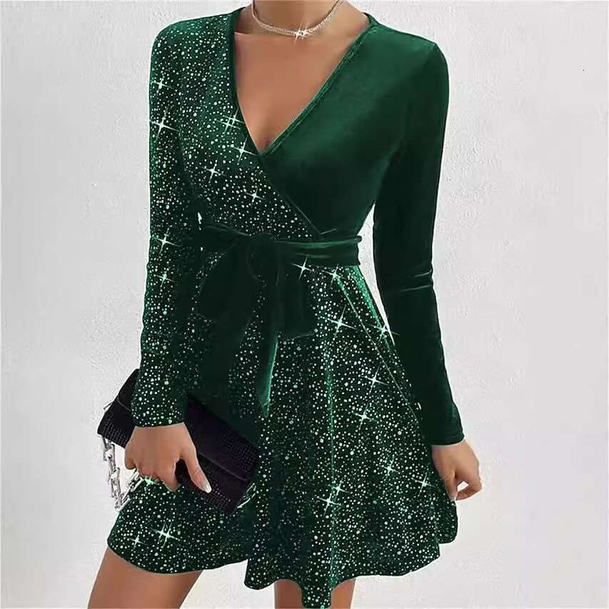 Dress for Women Designer Luxury Spring 2026 Autumn Winter Sexy V-Neck Bodycon Irregular Short Sequin Dress - view 3