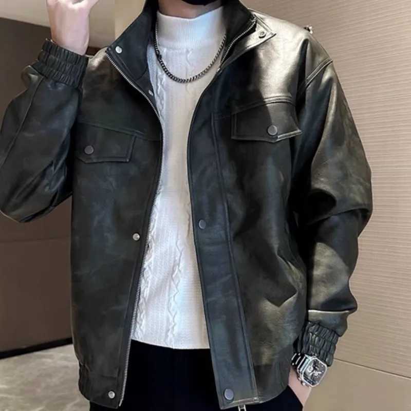 Maillard Fashion Brown Leather Jacket Men Korean Style Spring Autumn Stamped Letters High-end Trendy Cycling Suit Leather coatT251204